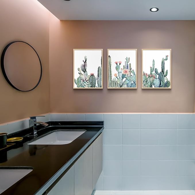 Framed Wall Art For Living Room Wall Decor Bedroom Wall Picture Artwork Of 3 Piece Green Plants Succulent Cactus Flower Painting Ready To Hang Modern Kitchen Home Decoration (Natural Wood Framed)