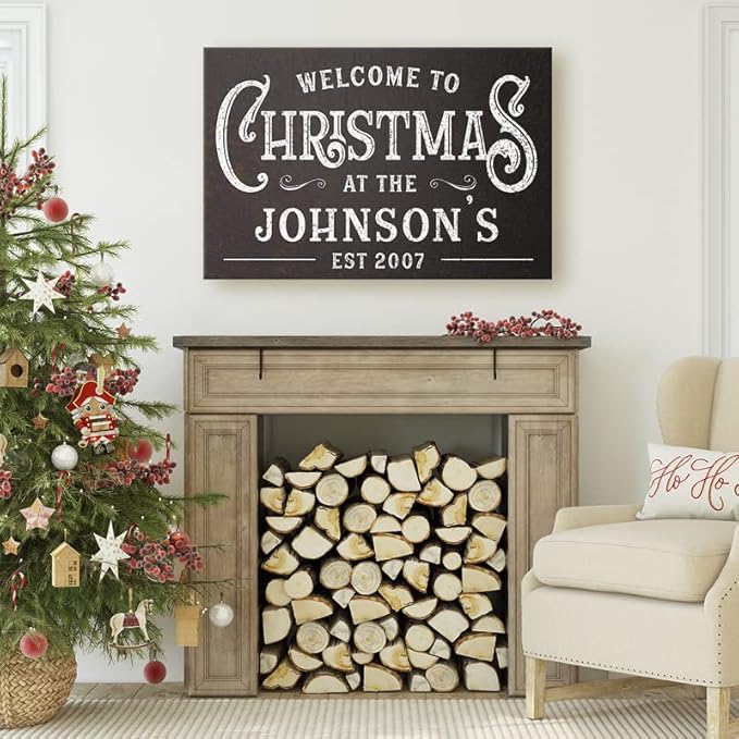 Milweb1 Personalized Family Name Welcome To Christmas/Rustic Vintage Farmhouse Holiday Decor Canvas Sign Holiday Decorations Wall Decor Print (24"x36")