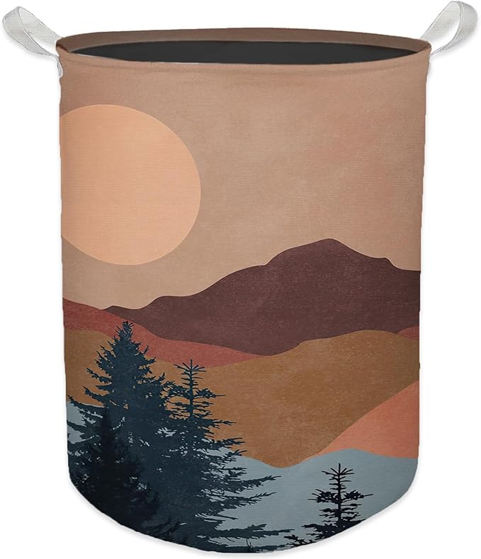 Boho Laundry Basket, Mid Century Modern Boho Sun Forest Mountain Waterproof Collapsible Laundry Hamper Dirty Clothes Storage Toy Bin Organizer for Bathroom Bedroom Nursery Girls Kids Room