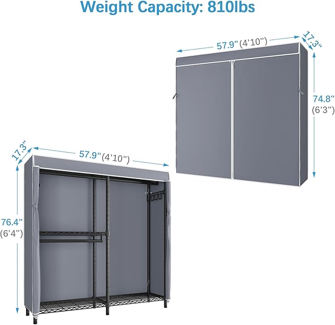 VIPEK V4C Garment Rack with Cover, Heavy Duty Portable Closet Adjustable Metal Clothing Rack for Hanging Clothes with Hanging Rods & Side Hooks, Max Load 810lbs, Black Rack with Grey Cover