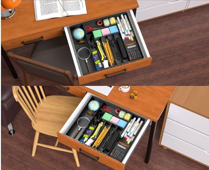 IEEK Kitchen Drawer Organizer for Cutlery and Utensils,Adjustable Silverware Drawer Organizer Tray,Kitchen Storage Divider for Spatula Tools,Gadgets,Forks,Knives,Spoons and Chopsticks,Black-L