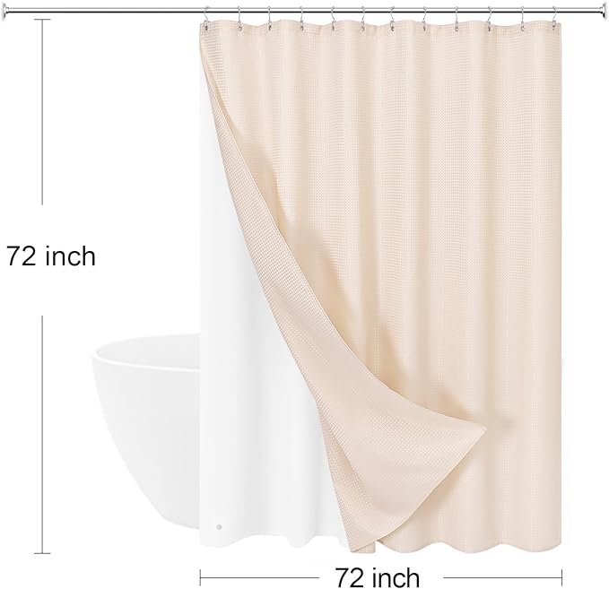 3 in 1 Shower Curtain Set, Blush Pink Waffle Shower Curtain and PEVA Liner Set with 12 Stainless Steel Shower Curtain Hooks, Waterproof Shower Curtains for Bathroom, 72 W x 72 H
