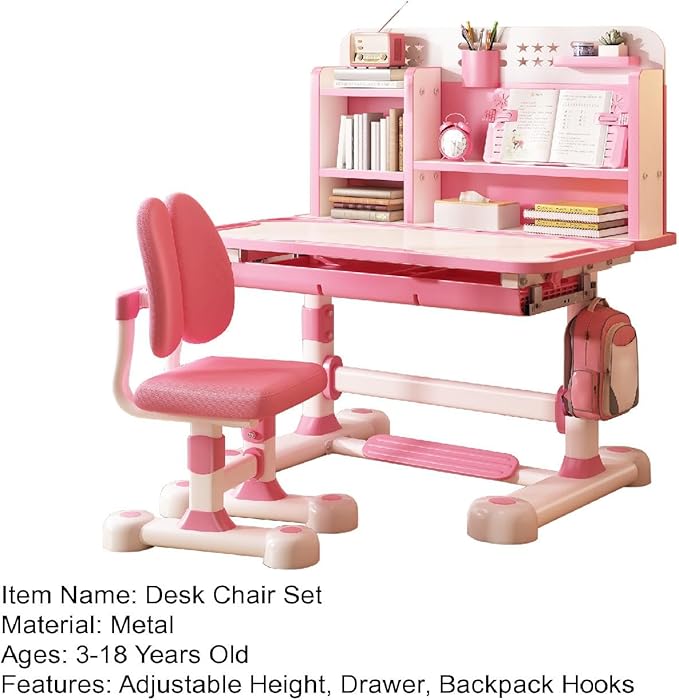 Kids Functional Desk and Chair Set, Study Desk for Children with Chair, Kids Desk and Chair Set,Height Adjustable Children School Study Desk with Storage Drawer for Boys Girls (Pink C)