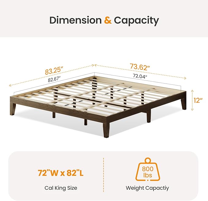 Cal King Size Wood Platform Bed Frame, 12 Inch Solid Wood Bed Frame with Wooden Slats, No Box Spring Needed, Easy Assembly,Espresso
