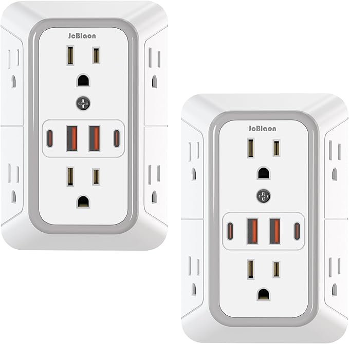2 Pack Outlet Extender Surge Protector, 6 Outlet Splitter with 4 USB Outlet (2 USB A,2 USB C), 3Sided Power Strip with Adapter Spaced Outlets for Home, Office, Travel(White)