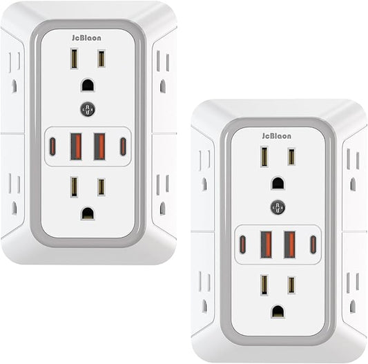 2 Pack Outlet Extender Surge Protector, 6 Outlet Splitter with 4 USB Outlet (2 USB A,2 USB C), 3Sided Power Strip with Adapter Spaced Outlets for Home, Office, Travel(White)