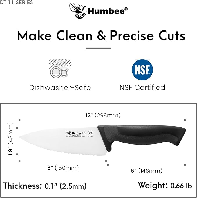 Professional Chef Knife with Ergonomic Handle – NSF Certified Stainless Steel Kitchen Knife, Serrated Wave Teeth, Durable and Sharp Blade, DT 11 Series, Black