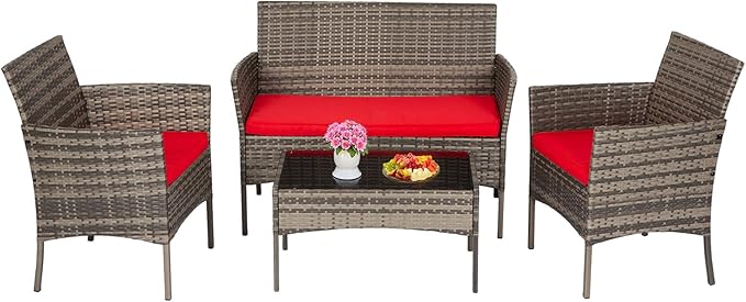 FDW Outdoor Patio Furniture Set Wicker Patio Set PE Rattan Furniture Bistro Set for Outdoor Indoor Use with Loveseats Coffee Table, Red Cushions, 4 Pieces