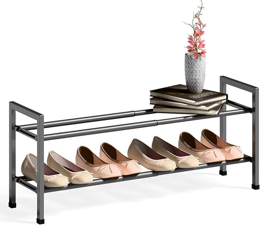 Bumusty 2-Tier Expandable Shoe Rack for Closet, 18“-33” Adjustable Shoe Rack for Small Space, Small Shoe Organizer for Front Door, Sturdy Metal, Gray