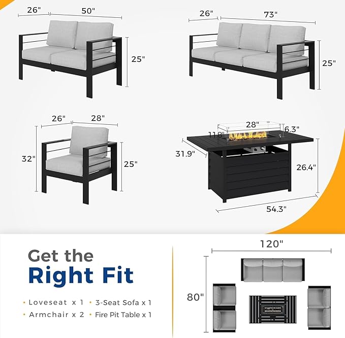 Wisteria Lane Aluminum Patio Furniture Set, 7 Seats Metal Outdoor Furniture Set with 54 Inch Propane Gas Fire Pit Table, Patio Conversation Set