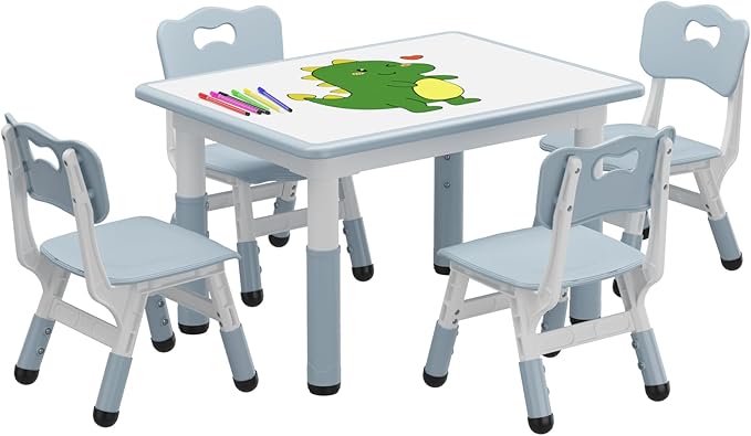 GAOMON Kids Table and 4 Chairs Set, Height Adjustable Toddler Table and Chairs Set for Ages 2-10, Graffiti Desktop, Non-Slip Legs, Child Table for Daycare Classroom Home