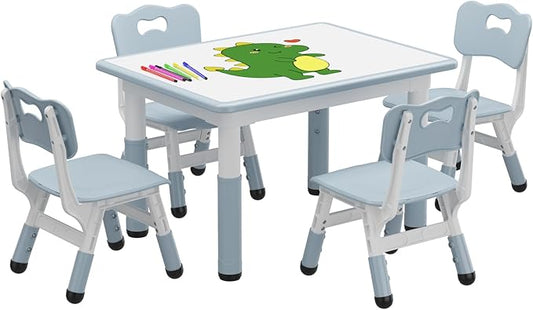 GAOMON Kids Table and 4 Chairs Set, Height Adjustable Toddler Table and Chairs Set for Ages 2-10, Graffiti Desktop, Non-Slip Legs, Child Table for Daycare Classroom Home