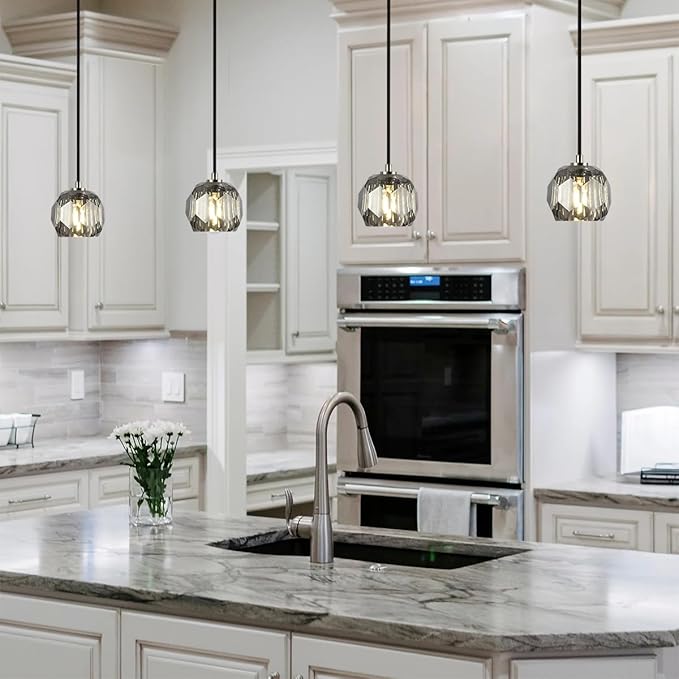 Modern Pendant Light, Small Brushed Nickel Crystal Pendant Light Fixture, Single Smoke Crystal Island Pendant Lighting for Kitchen Dining Room