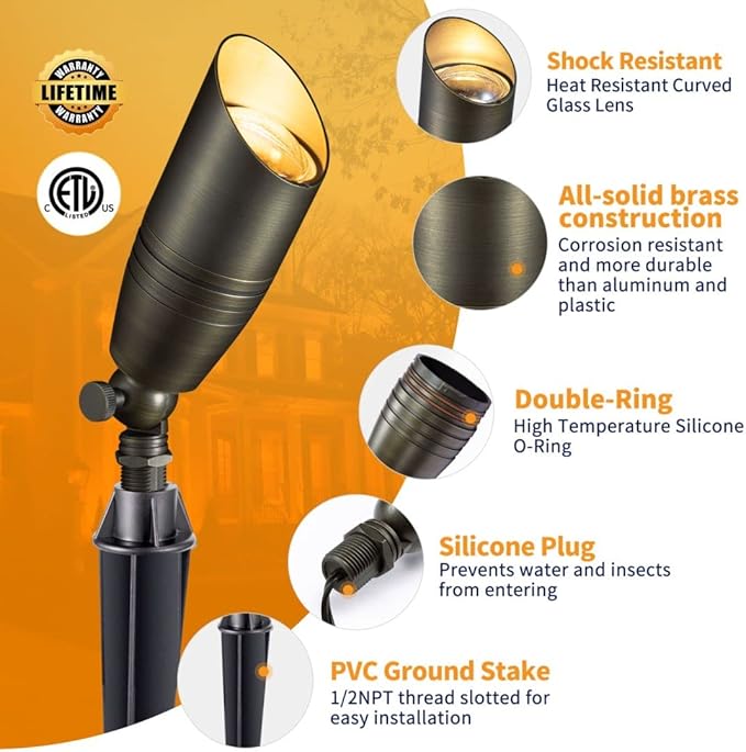 Brass Low Voltage Landscape Spotlights(8 Pack) Kit 12V LED with 150W Low Voltage Transformer and Mechanical Timer and 100 Feet Wire and 40Pack Connectors for Outdoor House Garden Patio