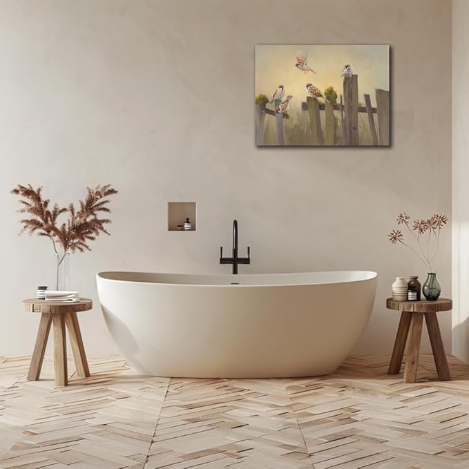 Bird Canvas Wall Art Birds Flying on The Wooden Fence Painting Decor Farmhouse Birds Art Print Pictures for Living Room Kitchen Home Office Decorations 24x32 inch