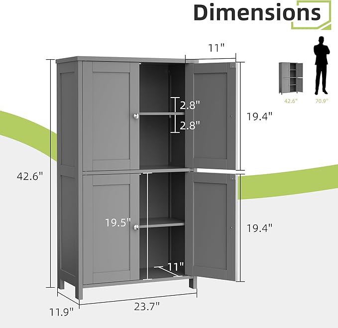Vongrasig Bathroom Floor Storage Cabinet, Modern Storage Unit with 4 Doors and Adjustable Shelves, Freestanding Sideboard Cabinet for Bathroom, Kitchen, Living Room, Grey