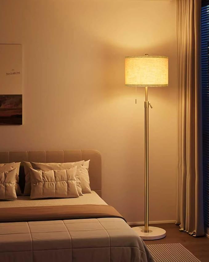 Modern Floor Lamp for Living Room - Adjustable Height Standing Lamp with Marble Base & Linen Shade, 3-Way Dimmable Tall Floor Light for Bedroom, Reading, Bulb Included