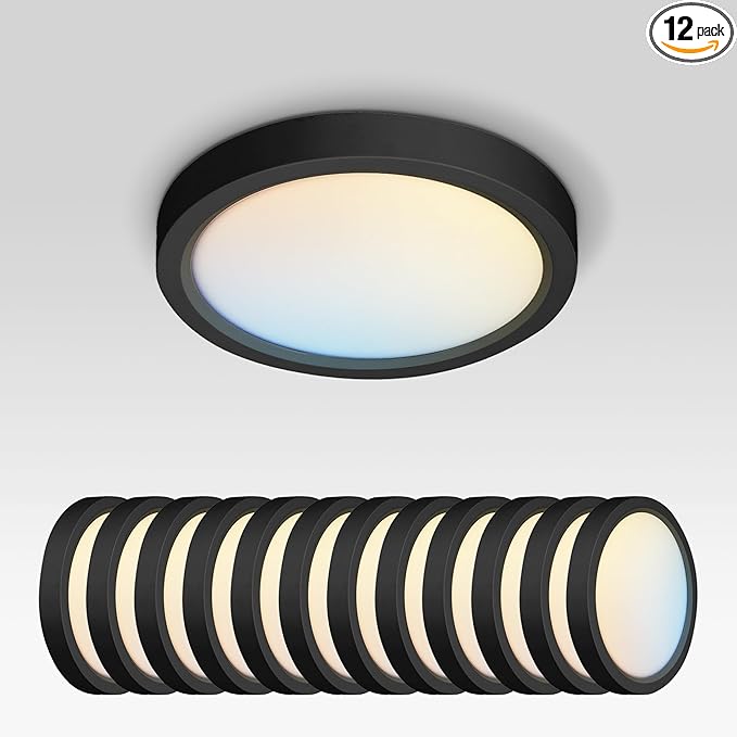 ASD LED 5" Round Flush Mount Ceiling Light Fixture, Low Profile Surface Lighting | 5CCT, Dimmable, Ultra-Thin, ETL Listed | 10W 700LM 2700-6000K 120V | Kitchen, Bedroom, Hallway Lamp | Black, 12 Pack