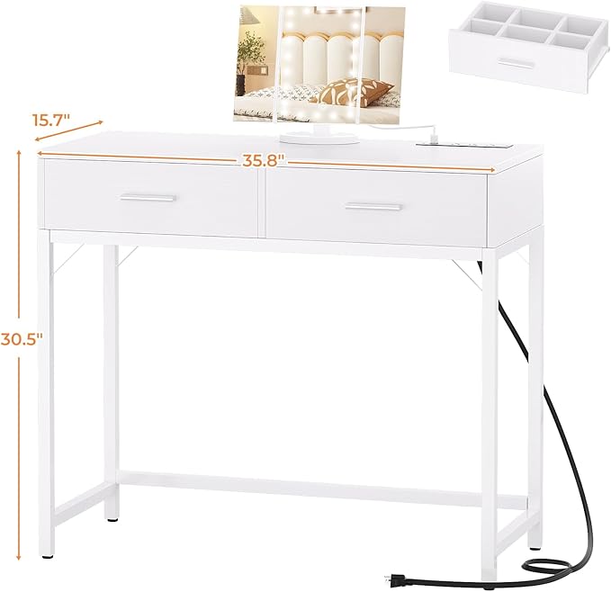 Cyclysio Vanity Desk with Mirror and Lights, 36'' Makeup Vanity Desk with Power Outlet, Small Vanities Set Dressing Table with Drawers for Bedroom, White
