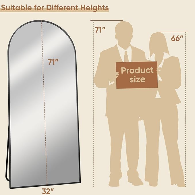 Full Length Mirror, 71"x32" Oversized Arched Large Standing, Tall Body Floor Wall Hanging for Bedroom Living Room Aluminum Frame,Black