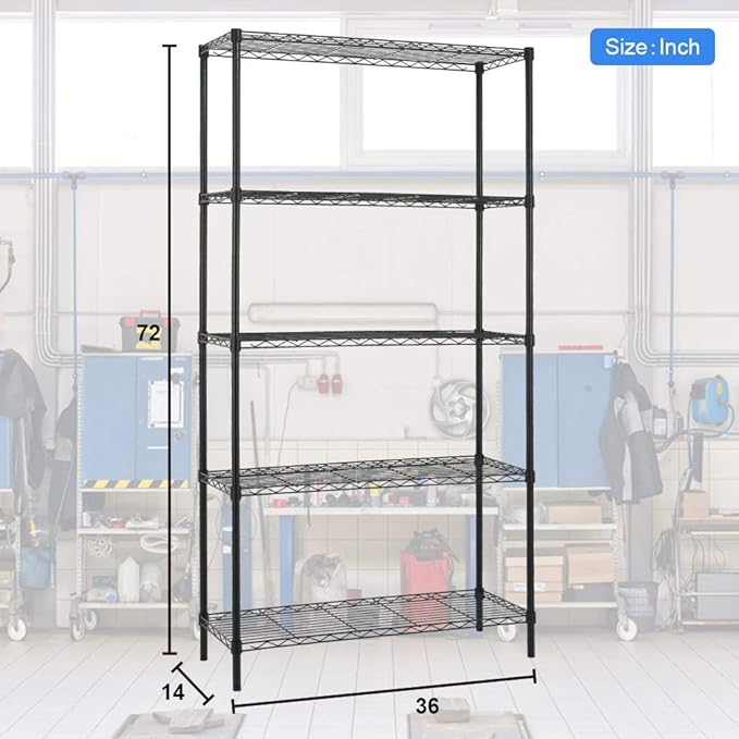 5 Shelf Wire Shelving Unit Garage NSF Wire Shelf Metal Large Storage Shelves Heavy Duty Height Adjustable Utility Commercial Grade Steel Layer Shelf Rack Organizer 1250 LBS Capacity -14x36x72,Black