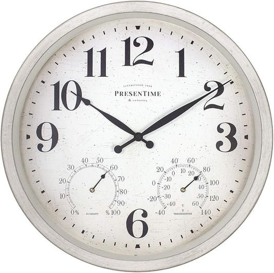 Presentime & Co 16" Farmhouse Series in/Outdoor Clock with Thermometer & Hygrometer, Weathered White Color. Weather Thermometer, Weather Station, Farmhouse Décor, Outdoor Décor, Wall Décor.
