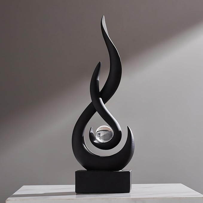 AWNR Abstract Black Sculpture: Flame Statue with Glass Ball Resin Art Figurines - Unique Centerpiece for Modern Home Decor