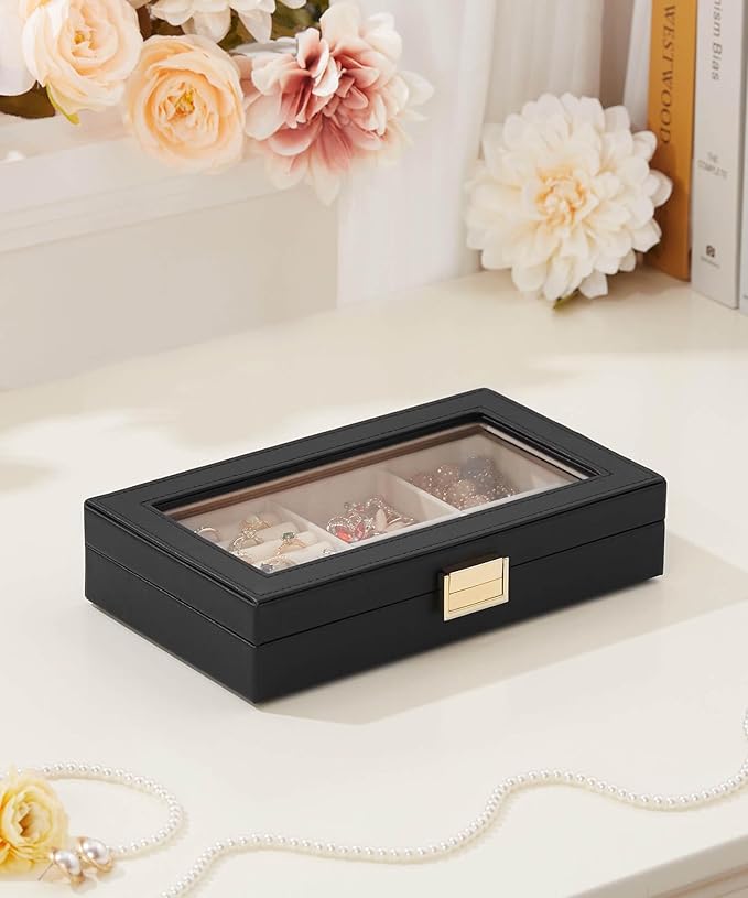 Homde Jewelry Tray Stackable Jewelry Box with Glass Lid, Removable Dividers for Vanity Table Gift Idea for Girls and Women (Black)