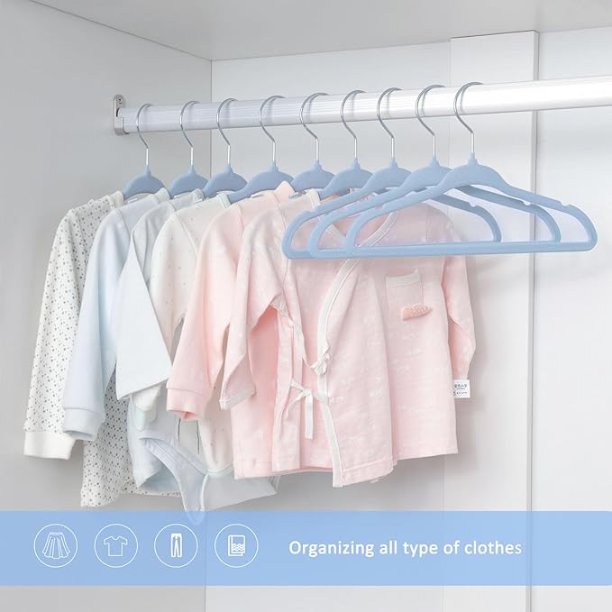 ManGotree 11" Baby Velvet Hangers, Non-Slip Infant Coat Hangers, Ultra-Thin Toddler Felt Hanger with 360° Swivel Hook, Space Saving Children's Hanger for Kids Clothes, 48 Pack (Blue)