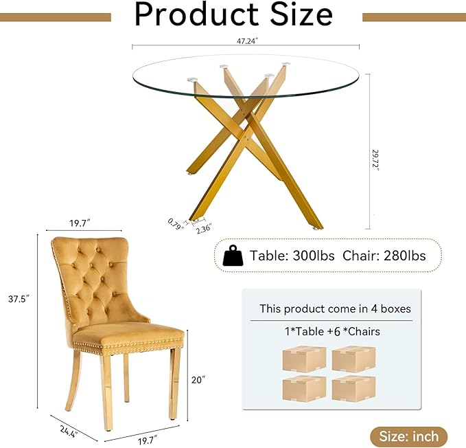Goujxcy Round Dining Table Set for 6, Modern Glass Kitchen Table and Chairs Set of 6, 7-Piece Dining Room Table Set w/47 Circle Gold Glass Dining Table and 6 Upholstered Velvet Chairs