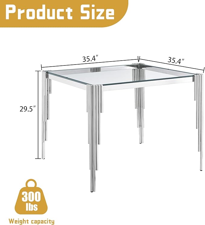 35" Square Glass Dining Table for 2-4, Modern Silver Tempered Glass Kitchen Table with Stainless Steel Legs for for Small Space, Kitchen, Living Room