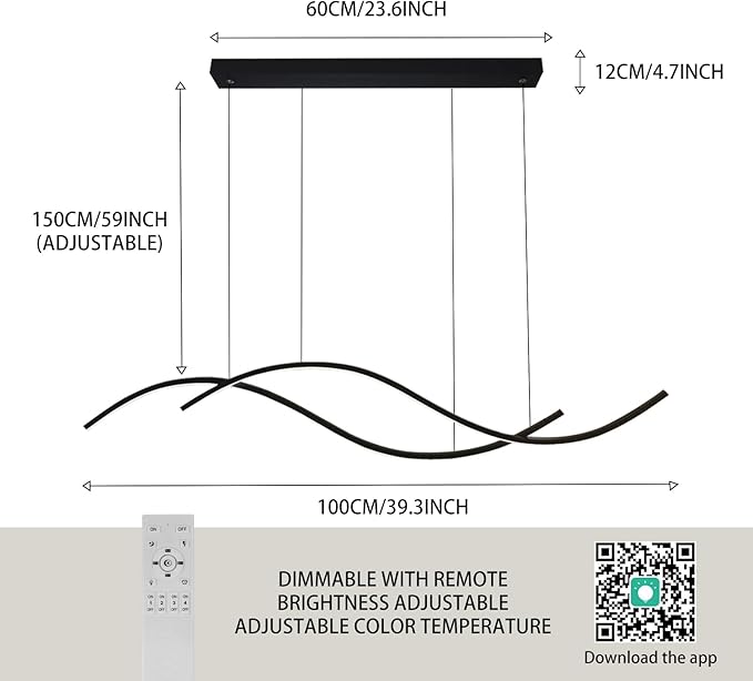 Modern Led Pendant Light, Dimmable Black Led Chandelier for Dining Room Light Fixture Over Table Creative Wave Pendant Light for Kitchen Island, Dining Room, Bedroom