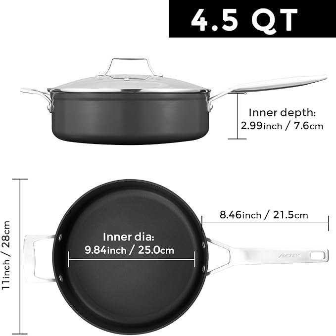 MsMk Nonstick Deep Frying Pan, 4.5 Quart Saute Pan with lid, 11 inch, Stay-Cool Handle, Smooth Bottom, PFAS Free Non-Toxic, Oven safe to 700℉, Induction, Ceramic and Gas Cooktops