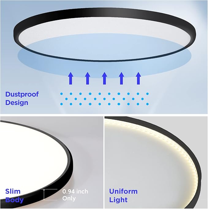 ocioc 18inch Ceiling Light with Remote Control, 40W LED Flush Mount Light Fixture with 2000K Backlight, 3000K-6500K Light Changing, Brightness Adjustable Close to Ceiling Lights Fixture Black