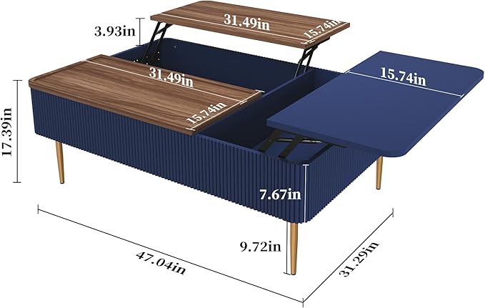 HLR 47" Dual Lift Top Coffee Table with Storage, Modern Wood Fluted Coffee Table with Hidden Compartment for Living Room, Office, Blue