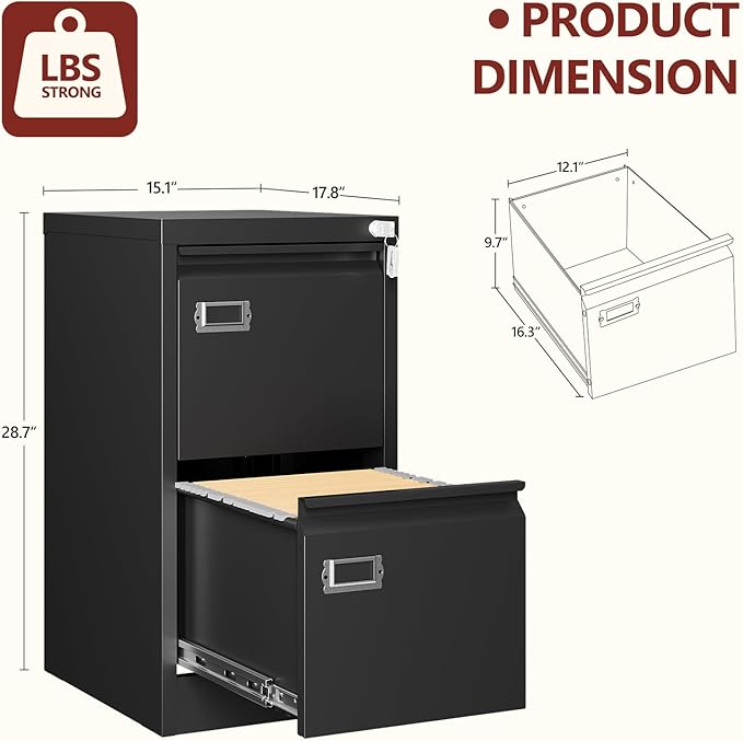 2 Drawer File Cabinet with Lock,Vertical Filing Cabinet for Home Office,Metal File Cabinets with Lock,Storage Files for A4/ Legal/Letter, Require Assembly, (Black)
