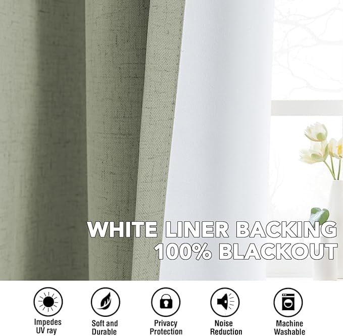 H.VERSAILTEX Linen Curtains 100% Blackout Curtains for Bedroom 108 inch Long Full Light Blocking Nature Linen Blended Window Curtains for Living Room Nickel Grommet (2 Panels, Heathered Tea)