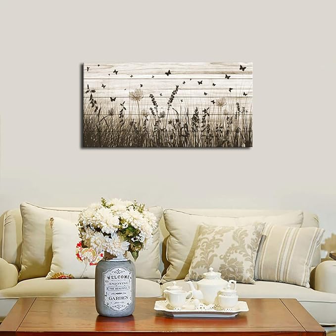 Wildflower Wall Art Autumn Canvas Picture Butterfly Grass Dandelion Artwork Vintage Wooden Board Painting Prints for Bedroom Living Room Office Home Kitchen Wall Decor Framed Ready to Hang 30" x 60"