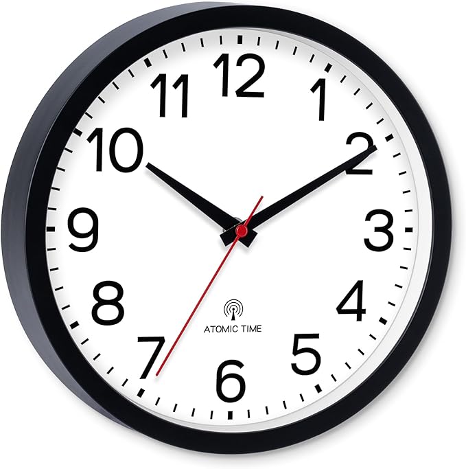 AKCISOT Atomic 10 Inch Wall Clock Analog Clocks for Indoor Kitchen, Battery Operated Clock for Bedroom Office Classroom Living Room(Black)