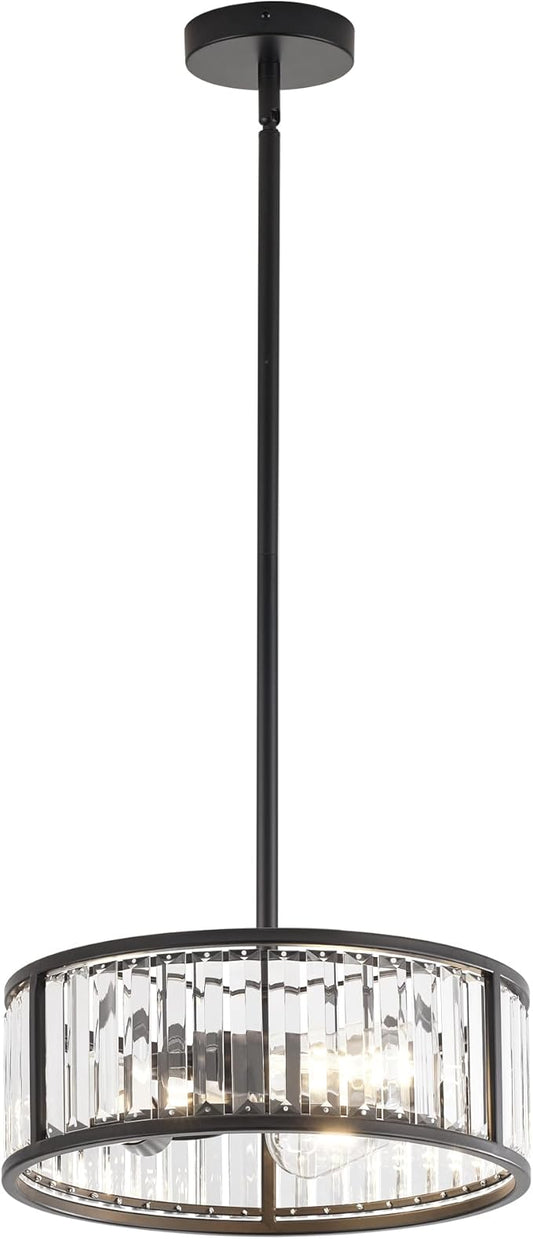 Black Flush Mount Ceiling Light, 2- Light Caged Crystal Chandelier, Small Drum Hallway Light fixtures Ceiling Mount (14 INCH Black Pendant Light(3-Light))