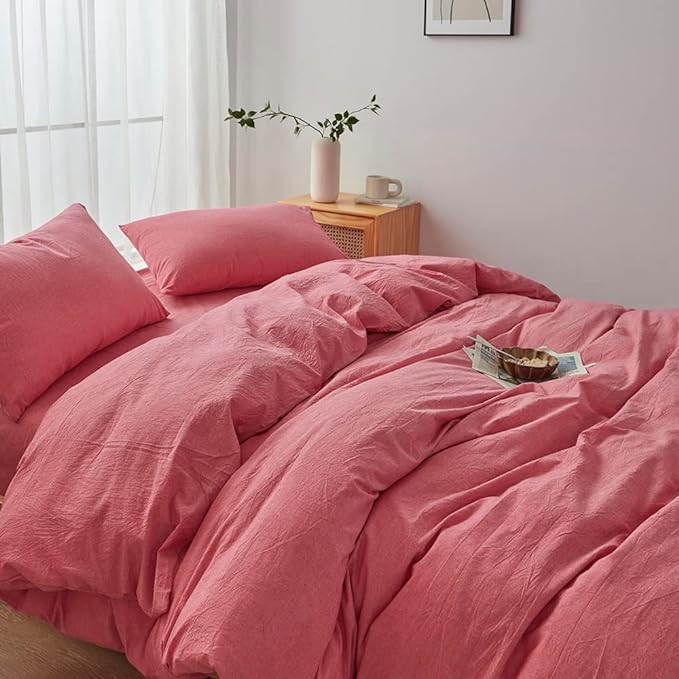 FACE TWO FACE Bedding Duvet Cover Set 3 Pieces 100% Washed Cotton Duvet Cover Linen Like Textured Breathable Durable Soft Comfy (California King, Red)