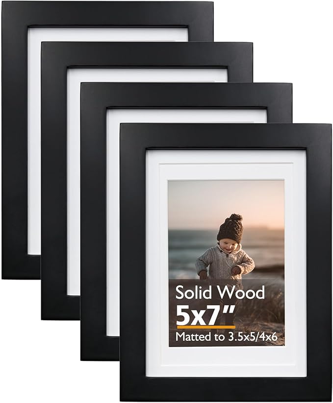 KINLINK 5x7 Picture Frame Black, Solid Wood Frames 5x7 with Acrylic Plexiglass for Pictures 4x6 With Mat,Tabletop and Wall Display, 5 x 7 Picture Frame Set of 4