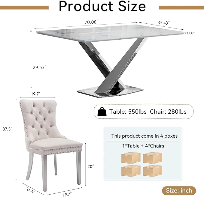 Goujxcy 70" Faux Marble Dining Table Set for 6, 7-Piece Dining Set with White Silver Kitchen Table and 6 Velvet Tufted Chairs, Modern Rectangular Dining Room Table with X-Shape Stainless Steel Base