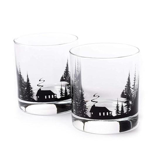 Cabin in the Forest Whiskey Glass Set by Black Lantern – Set of 2 11oz Old Fashioned Cocktail Glasses with Gift Box