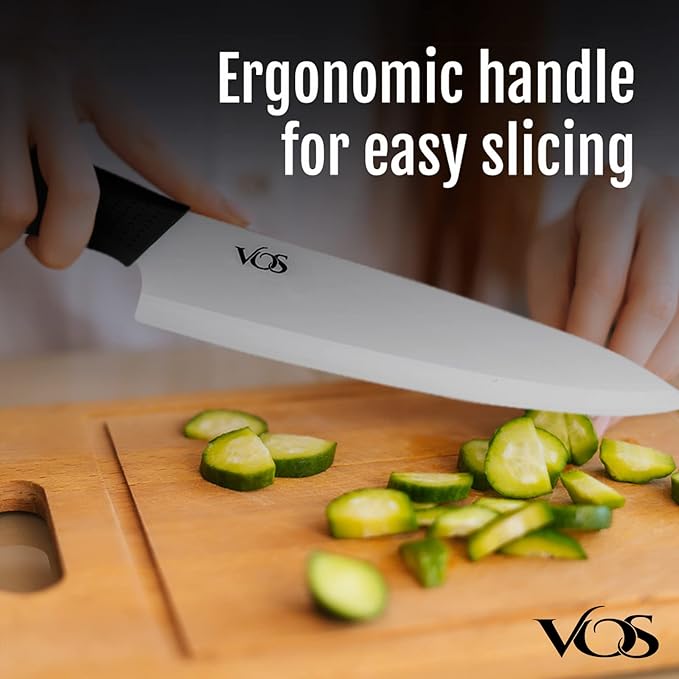 Vos Ceramic Chef Knife 8 Inch with Protection Cover – Large Ceramic Kitchen Knife for Slicing, Dicing, and Fruits – Lightweight Zirconia Blade – Luxury Gift Packaging – Ultra Sharp Chefs Knife (Black)