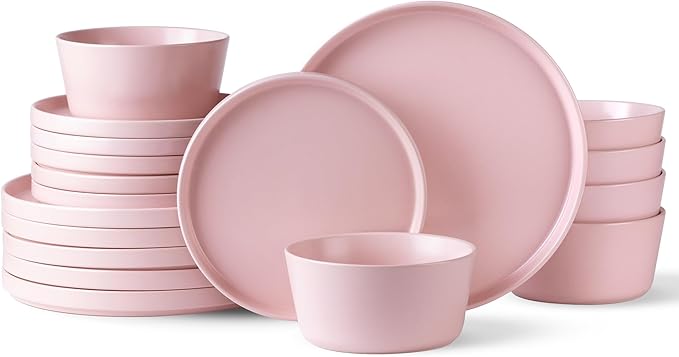 AmorArc Ceramic Dinnerware Sets for 6, Modern Flat Stoneware Plates and Bowls Sets,Chip and Crack Resistant | Dishwasher & Microwave Safe Dishes Set,Scratch Resistant- Service for 6 (18pc)-Matte Pink