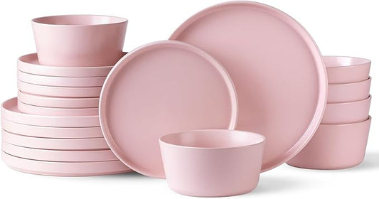 AmorArc Ceramic Dinnerware Sets for 6, Modern Flat Stoneware Plates and Bowls Sets,Chip and Crack Resistant | Dishwasher & Microwave Safe Dishes Set,Scratch Resistant- Service for 6 (18pc)-Matte Pink