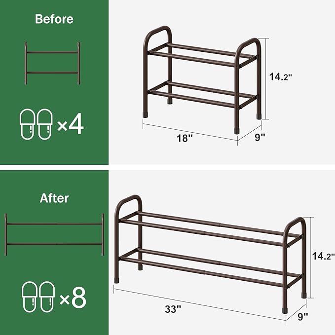 Expandable Shoe Rack, 2-Tier Shoe Shelf for Closet, Adjustable Length Shoe Shelf Storage Organizer, Standing Shoe Rack for Entryway