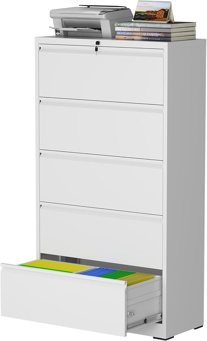5 Drawer Lateral File Cabinet with Lock, Metal File Cabinets for Home Office, Steel Heavy-Duty Filing Storage Cabinet for Letters/Legal/A4 (Require Assembly, White)