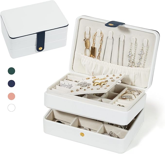 Jewelry Boxes For Girls And Women, Pu Leather Made Portable Jewelry Organizer Travel Case,3 Layers Girl Jewelry Box For Rings, Earings, Necklaces, Bracelets, Watches And Lipsticks (white)